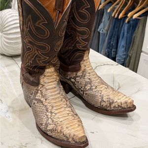 Dan Post Brown Leather Western Boots with Cream Exotic Scale Vamp